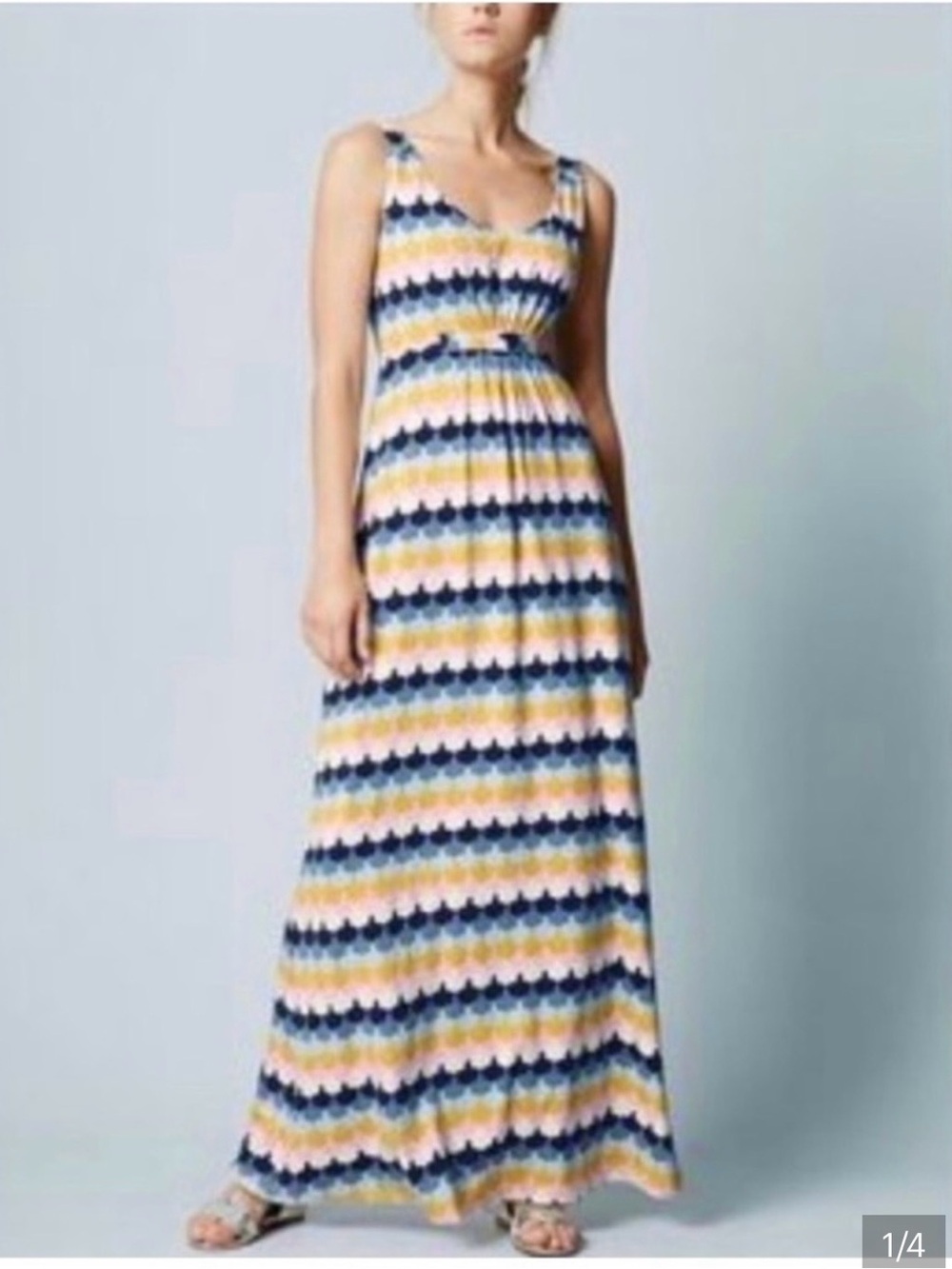 Boden Navy, Yellow & Pink Striped Scallop Maxi Dress